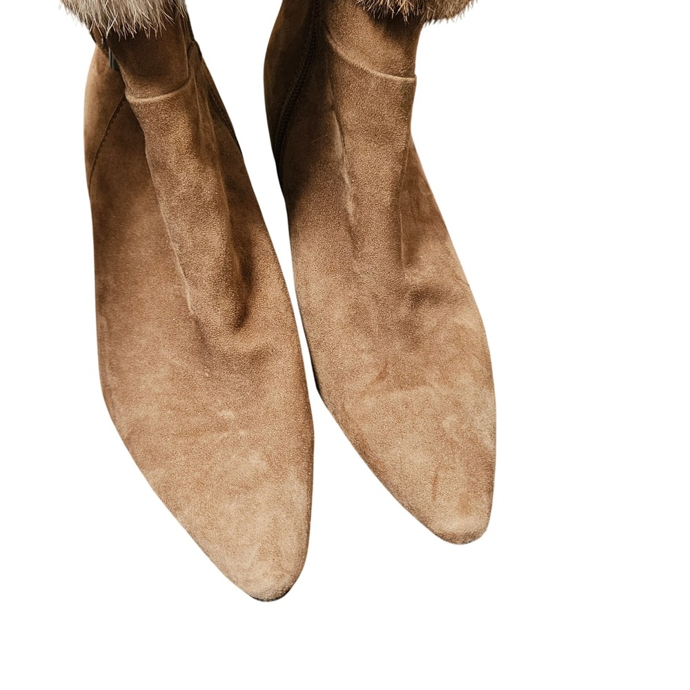 Ann Klein Women's Tan Suede Fur Trim Ankle Boots‎ Pointed Toe Stiletto Heel 6 - Picture 5 of 8